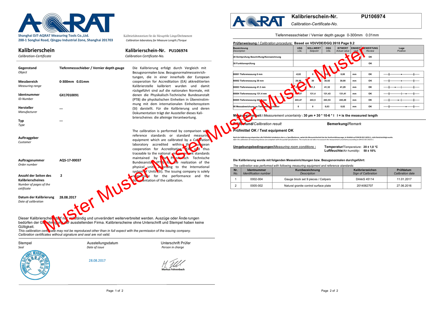 Muster Kalibrierschein Tiefenmessschieber Muster Kalibrierschein Tiefenmessschieber