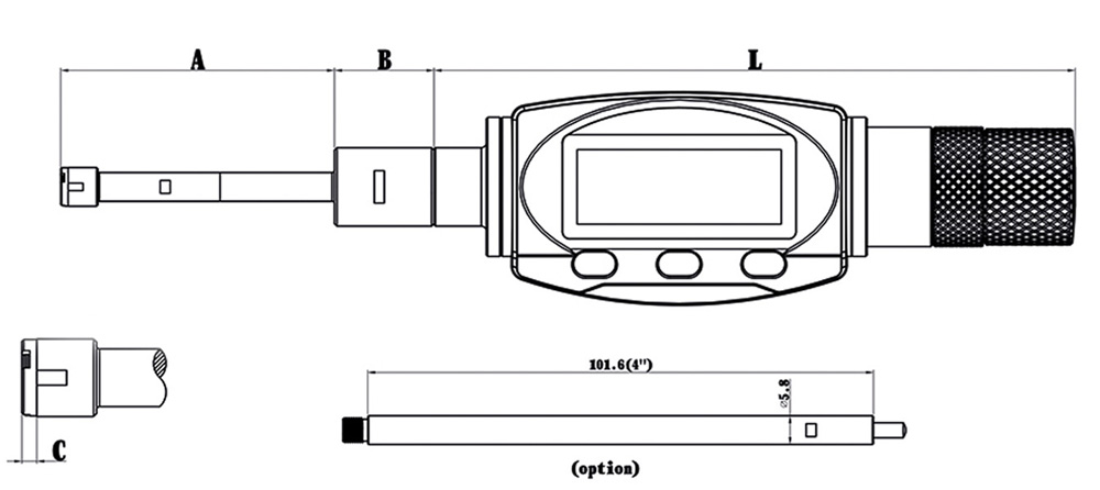Technical drawing Digital three point internal micrometer 8 - 12 mm with two measuring heads IP 65 DIN 863