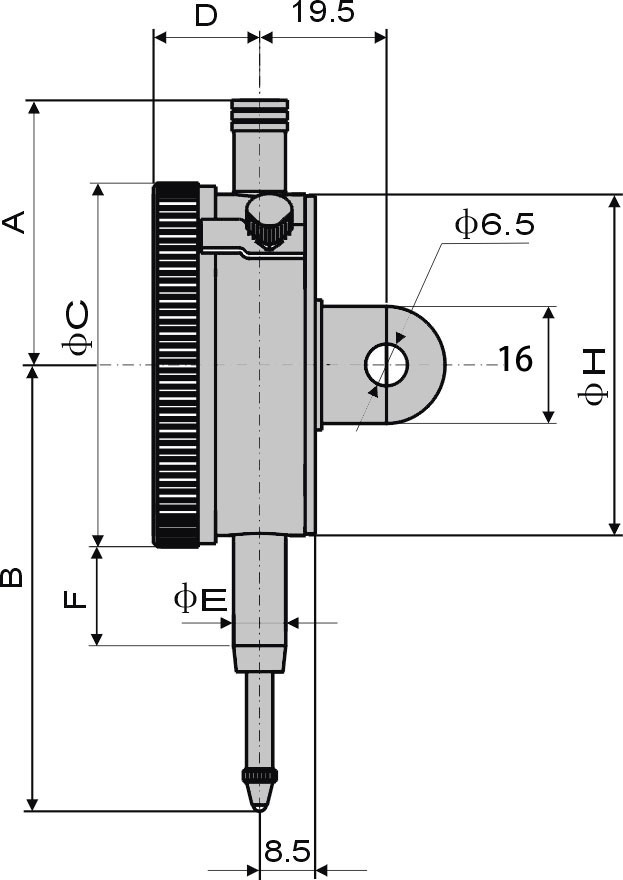 Zeichnung Messuhr 0 - 10 mm Messbereich Ablesung 0,01 mm mit Öse