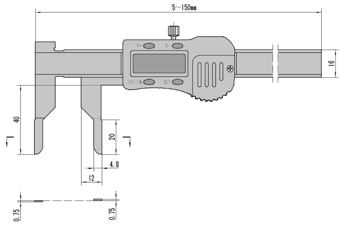 Technical drawing Digital inside caliper 5 - 150 mm with extra thin jaws