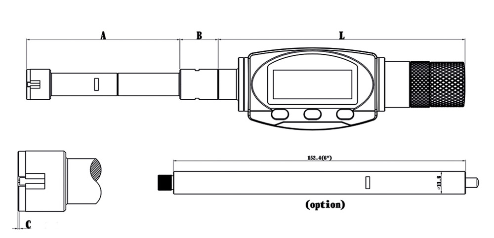 Technical drawing Digital three point internal micrometer 12 - 20 mm with two measuring heads IP 65 DIN 863 Technical drawing Digital three point internal micrometer 12 - 20 mm with two measuring heads IP 65 DIN 863