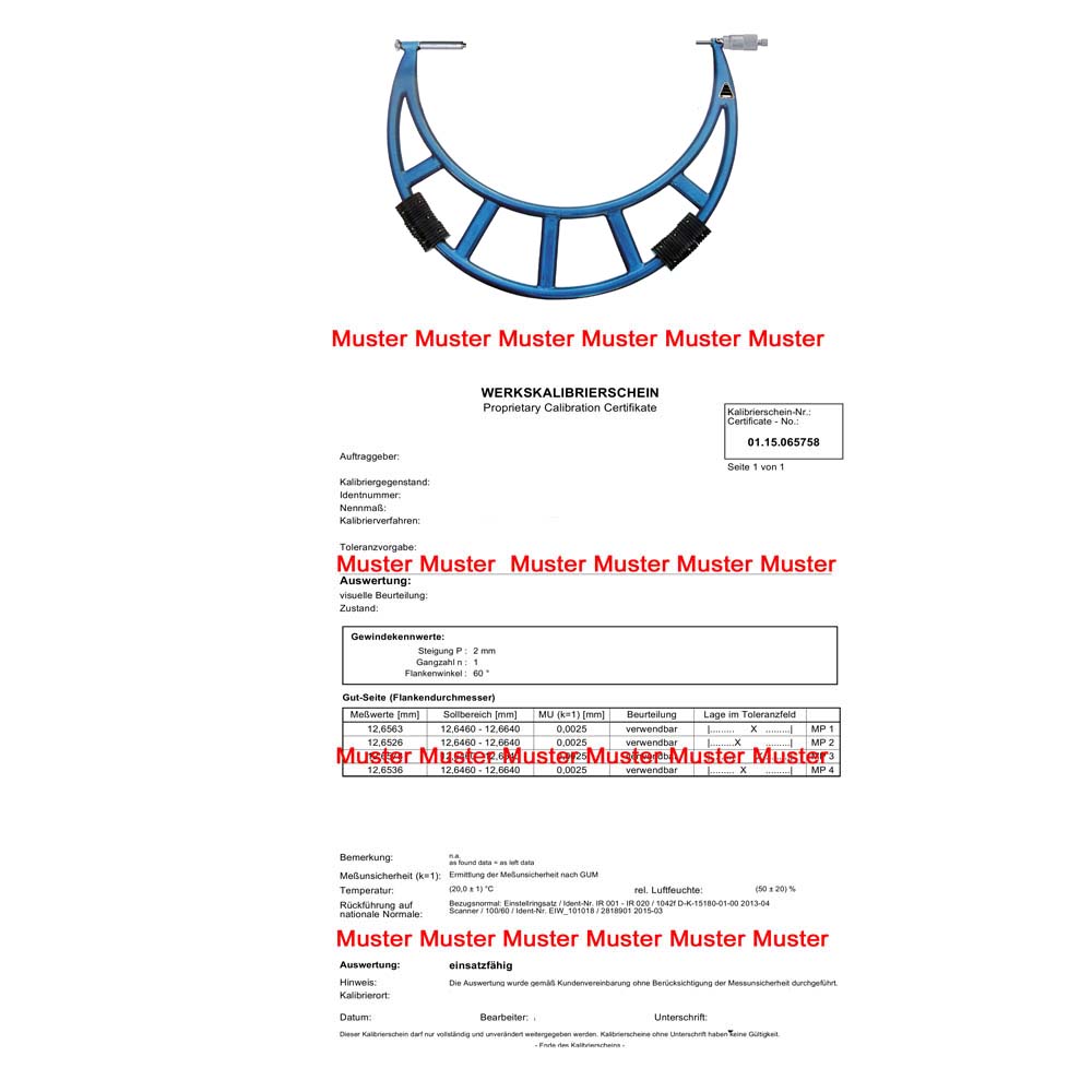 Certification for micrometer range > 1000 - 1400 mm Certification for micrometer range > 1000 - 1400 mm