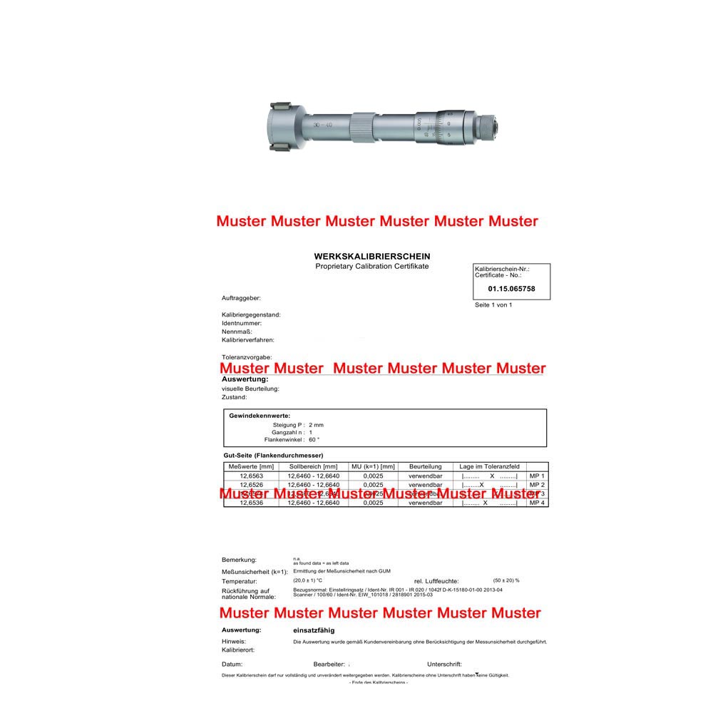 Certification for threepoint internal micrometer > 12 - 50 mm