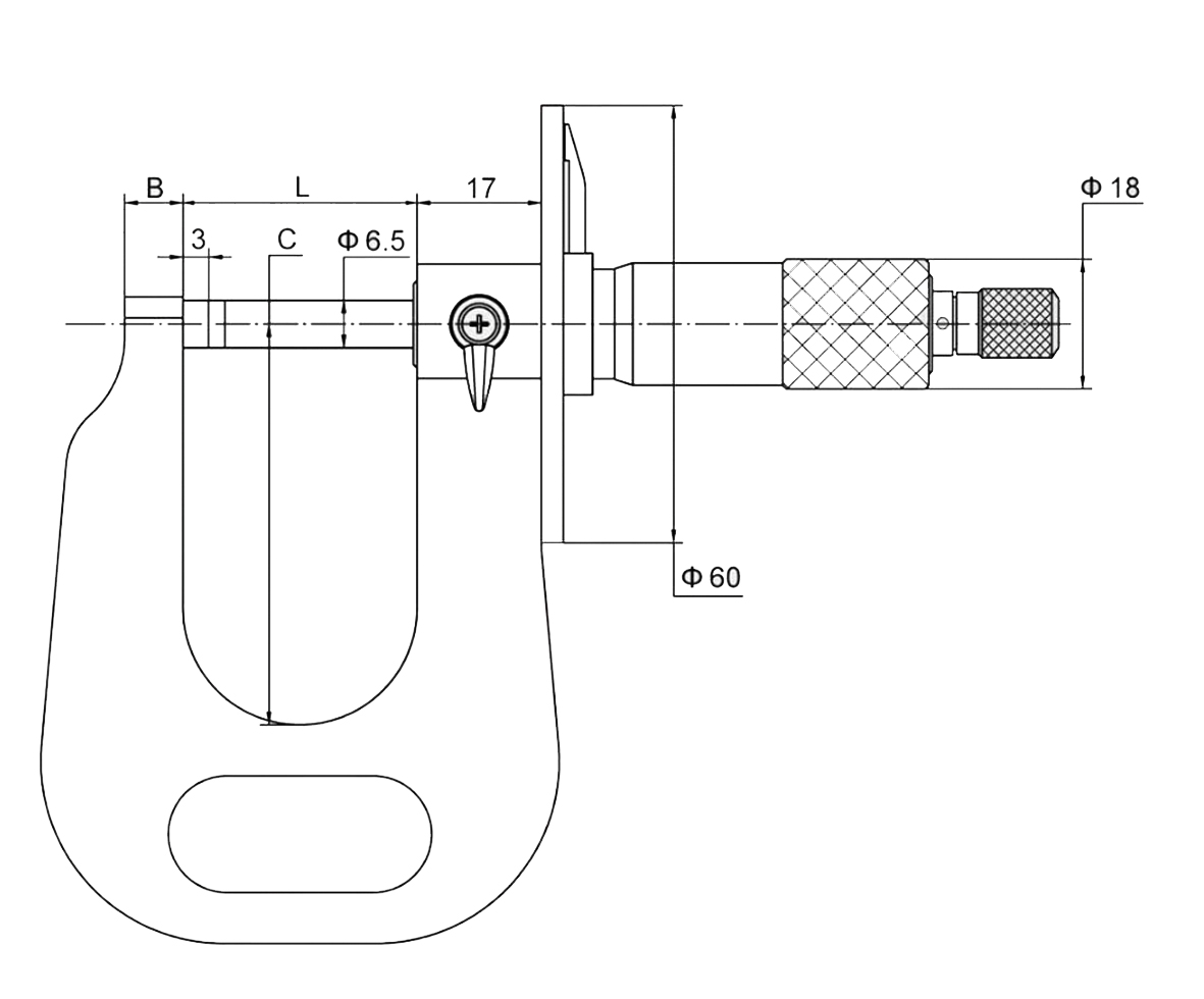 Technical drawing Micrometer for thickness 0 - 25 mm