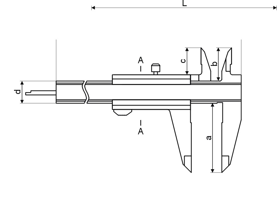 Technical drawing Vernier caliper 150 mm for left hand DIN 862