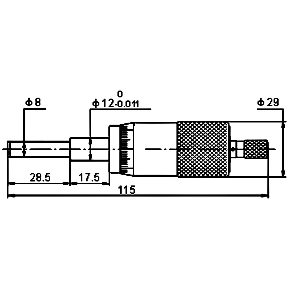 Technical drawing Micrometer head 0 - 25 mm with large thimble Ø 29 DIN 863