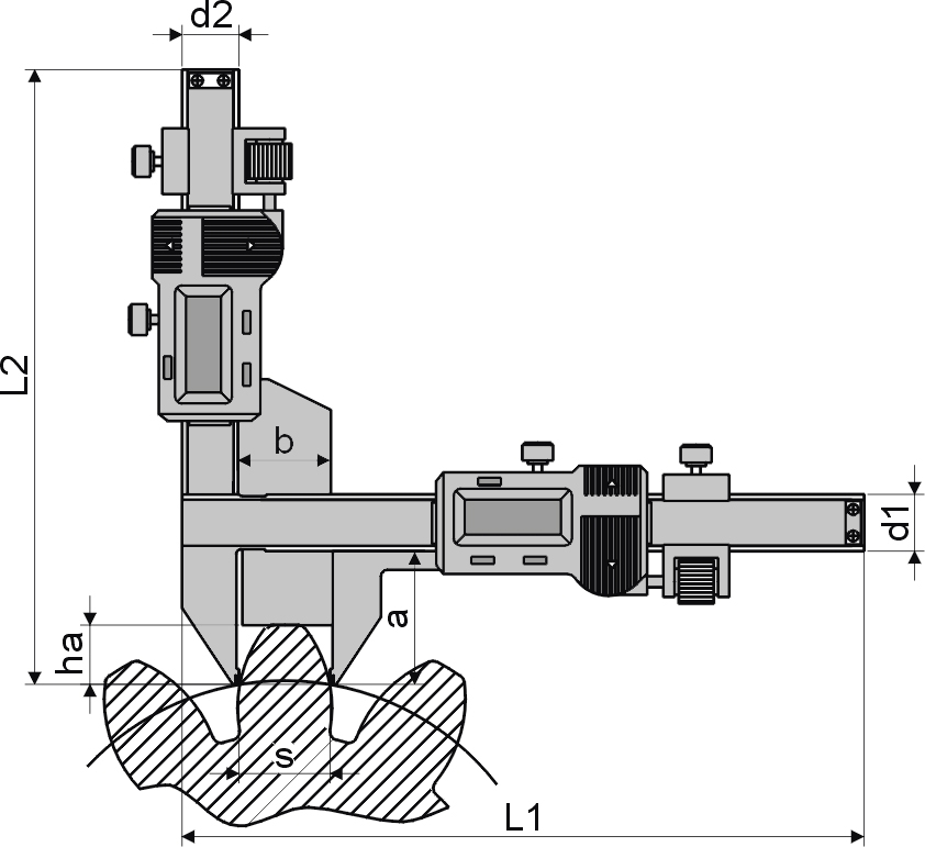 Technical drawing Digital gear thickness gauge with fine adjustment M2 - M30