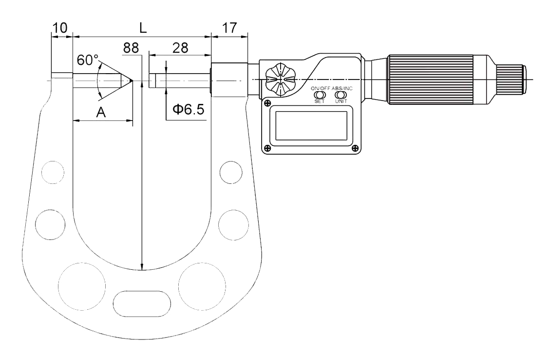 Technical drawing Digital micrometer 7,6 - 33 mm with carbide point