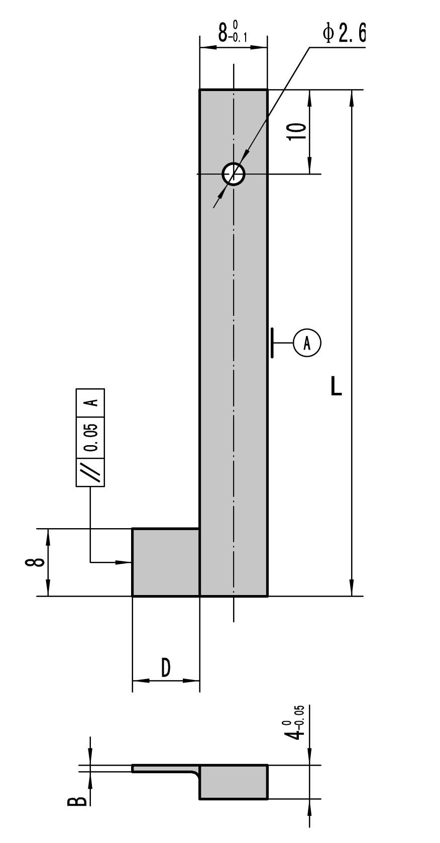Technical drawing Measuring insert with blade measuring faces L 40 x B 0,5 mm for groove measurement