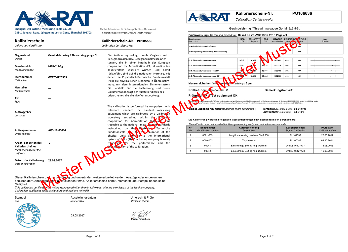 Example certification "NO GO" Thread ring gauge M 20 x 2- 6g Example certification "NO GO" Thread ring gauge M 20 x 2- 6g