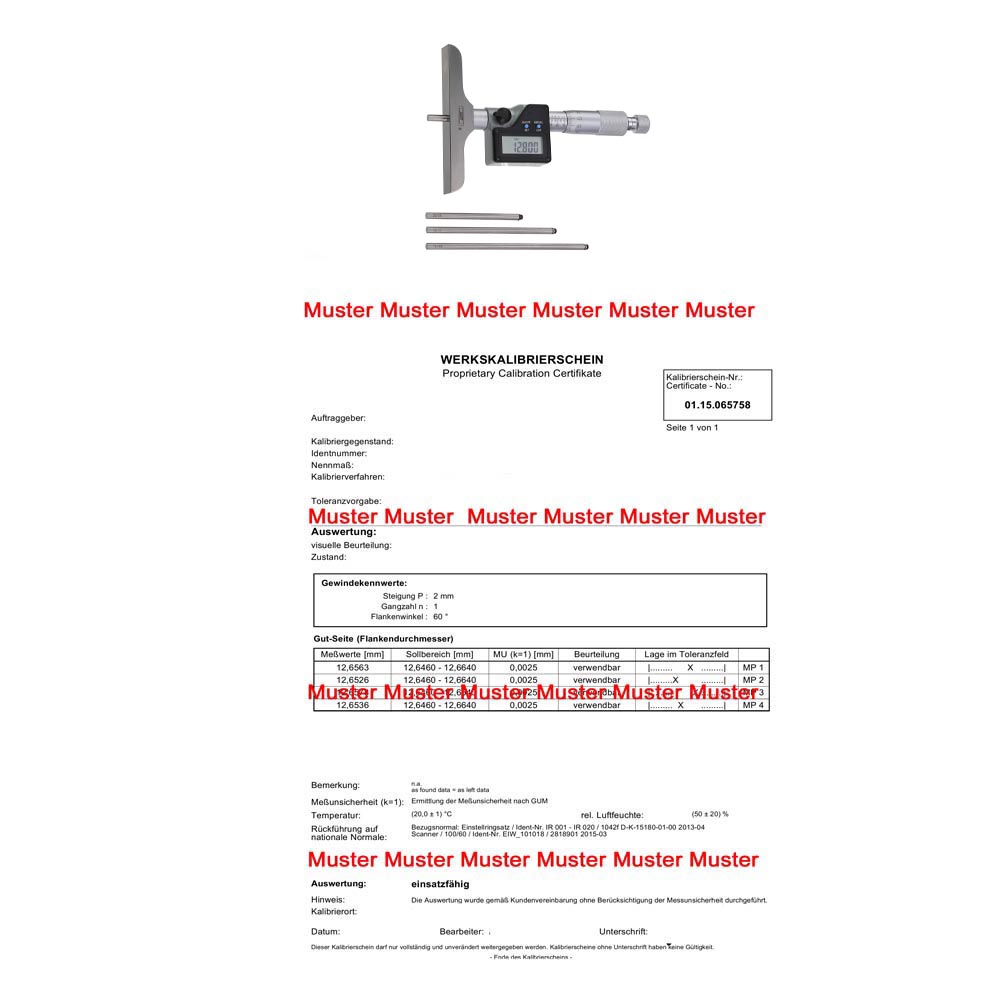 Kalibrierung für Tiefenmessschrauben 0 - 100 mm