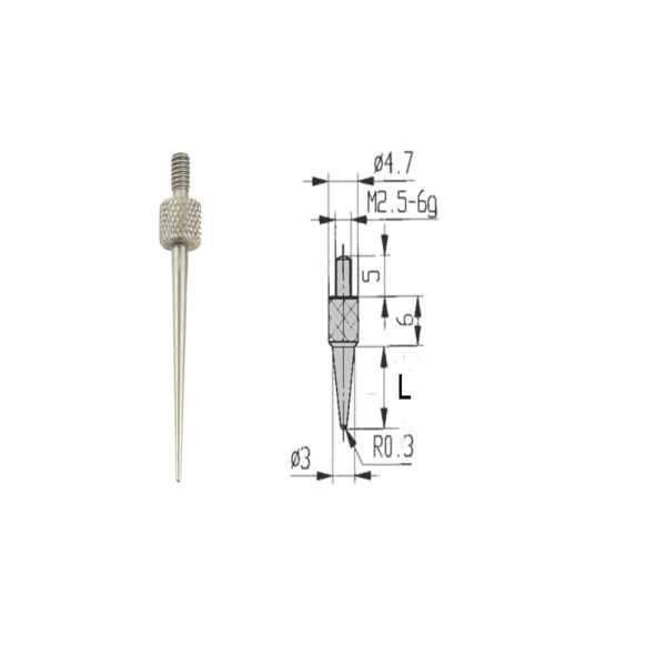 Messeinsatz mit Spitze R=0,3 L=30 mm für Messuhren Gewinde M 2,5