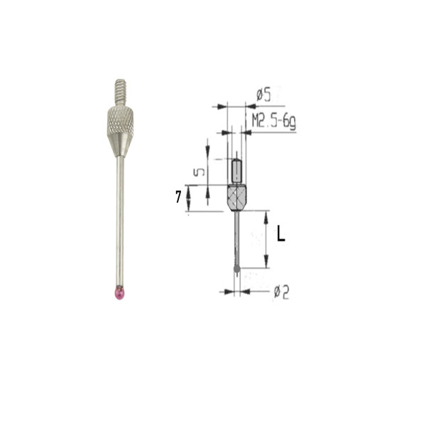 Ruby measuring tip Ø 2 mm L=20 mm for dial indicator thread M 2,5